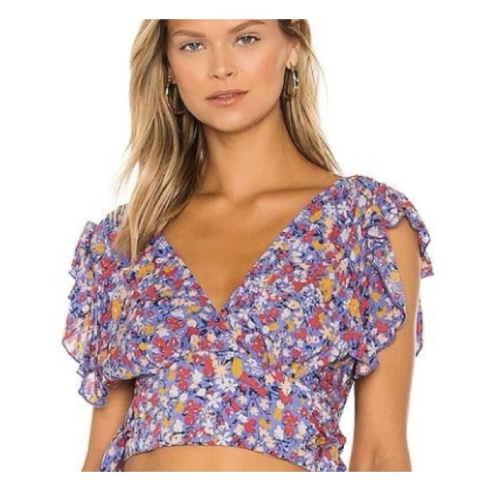 Free People Pretty Daze V-Neck Floral Crop Top Size XS Ruffles & Tie Side Boho